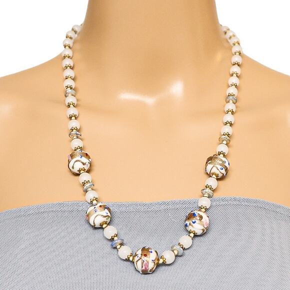 Vintage Venetian Opaline Opalescent Glass Wedding Cake Murano Bead Necklace 23” - Picture 2 of 6